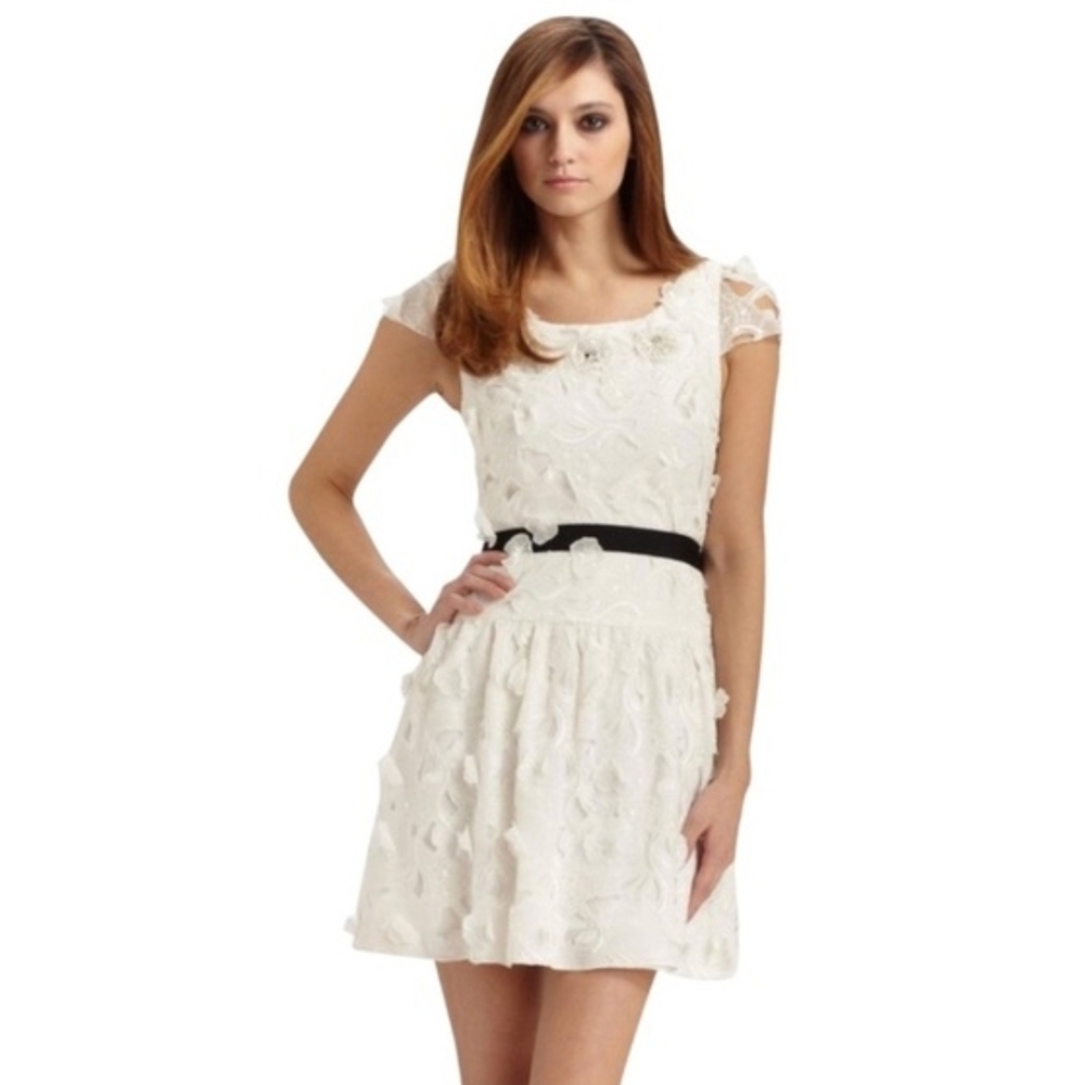 BCBG Maxazria Emmie Size 4 Silk Ivory Beaded Lacey Short Sleeve Cocktail Dress
